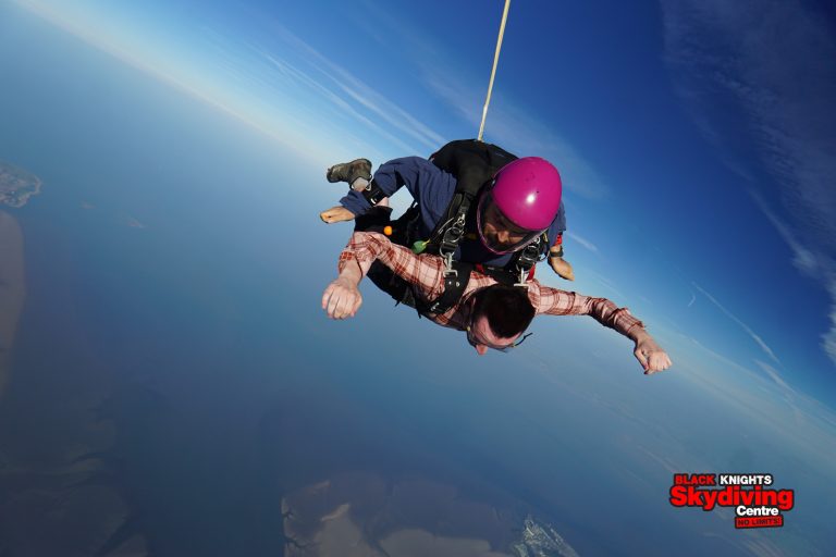An image of a tandem skydive for macmillan at Black Knights parachute Centre in lancaster, UK